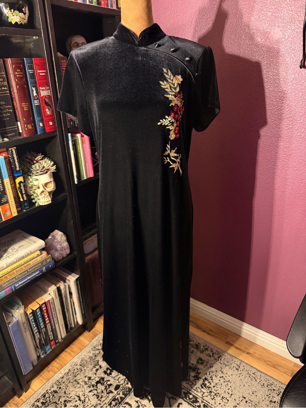 Vtg connected apparel Black Velvet Asian Maxi Dress- embroidered